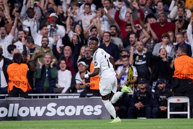 Vinicius Jr of Real Madrid CF celebrates after scoring a goal Real Madrid v Borusssia Dortmund, La Liga, Football, Santiago Bernabeu Stadium, Madrid, Spain - 22 Oct 2024  Copyright: xRubenxAlbarran Shutterstockx 14805565cj