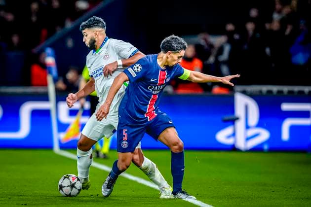 Paris Saint-Germain defender Marquinhos, PSV Eindhoven midfielder Ismael saibari, during the match Paris - PSV at the Parc des Princes Stadium for the UEFA Champions League - League phase - Matchday 3 season 2023-2024 in PARIS, France on 22 oktober 2024 (photo by Geert van Erven - EYE4images DeFodi Images) not used in POL SRB CRO FRA GBR NED ITA USA Defodi-746_196591