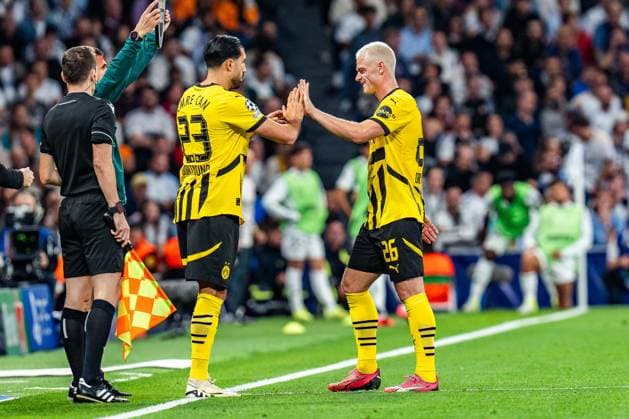 22.10.2024, Real Madrid vs. Borussia Dortmund, UEFA Champions League, 3. Spieltag Julian Ryerson (Borussia Dortmund, 26) wird ausgewechselt für Emre Can (Borussia Dortmund, 23) und ist unzufrieden, unglücklich Copyright: xBahhoxKarax