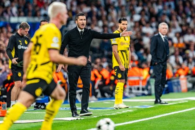 22.10.2024, Real Madrid vs. Borussia Dortmund, UEFA Champions League, 3. Spieltag Nuri Sahin (Borussia Dortmund, Trainer) ist unzufrieden, unglücklich, ebenso Emre Can (Borussia Dortmund, 23) vor seiner Einwechselung Copyright: xBahhoxKarax