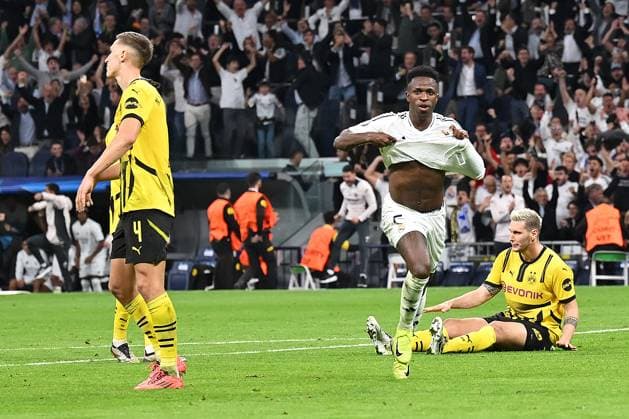 Madrid, Estadio Santiago Bernabeu, 22.10.24, GER, Herren, UEFA Champions League, Saison 2024-2025, Real Madrid - Borussia Dortmund Bild: VINICIUS JUNIOR (Real Madrid) jubelt nach seinem Tor zum 4:2 Only for editorial use! UEFA regulations prohibit any use of photographs as image sequences and or quasi-video. Spanien