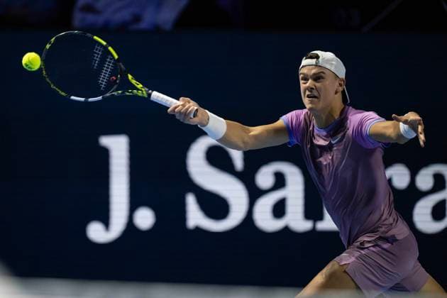 22nd October 2024; St. Jakobshalle, Basel, Switzerland; ATP, Tennis Herren 500 Swiss Indoors Basel Tennis, Day 2; Holger Rune (DEN) in action against Nicolas Jarry (CHI) in the first round  ActionPlus12706167 DavidxEmm