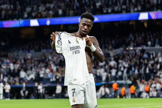 Real Madrid CF v Borussia Dortmund - LaLiga EA Sports MADRID, SPAIN, OCTOBER 22: Vinicius Junior of Real Madrid CF celebrating after scoring his second goal of the match during the UEFA Champions League match between Real Madrid CF and Borussia Dortmund at Estadio Santiago Bernabeu on October 22, 2024 in Madrid, Spain. Madrid Estadio Santiago Bernabeu Madrid Spain Copyright: xAlexxPerezx RealMadridDortmund22OCT054
