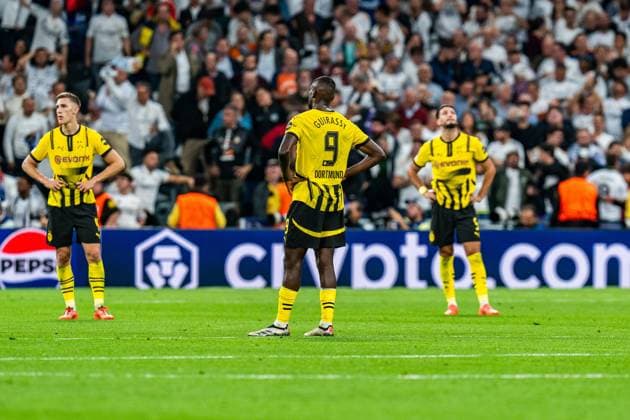 22.10.2024, Real Madrid vs. Borussia Dortmund, UEFA Champions League, 3. Spieltag Trauer und Enttäuschung bei Serhou Guirassy (Borussia Dortmund, 9) Nico Schlotterbeck (Borussia Dortmund, 4) Ramy Bensebaini (Borussia Dortmund, 5) Copyright: xBahhoxKarax