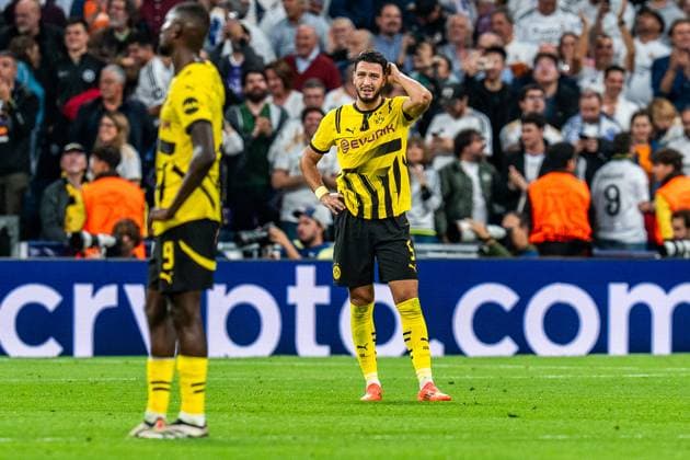 22.10.2024, Real Madrid vs. Borussia Dortmund, UEFA Champions League, 3. Spieltag Trauer und Enttäuschung bei Ramy Bensebaini (Borussia Dortmund, 5) Serhou Guirassy (Borussia Dortmund, 9) Copyright: xBahhoxKarax