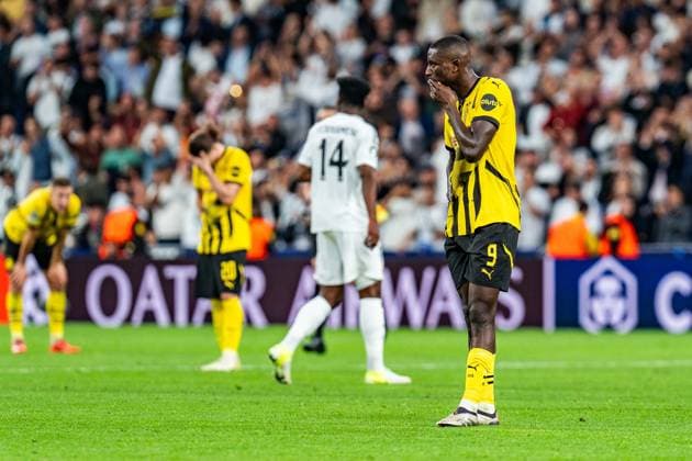22.10.2024, Real Madrid vs. Borussia Dortmund, UEFA Champions League, 3. Spieltag Trauer und Enttäuschung bei Nico Schlotterbeck (Borussia Dortmund, 4) Marcel Sabitzer (Borussia Dortmund, 20) Serhou Guirassy (Borussia Dortmund, 9), Copyright: xBahhoxKarax