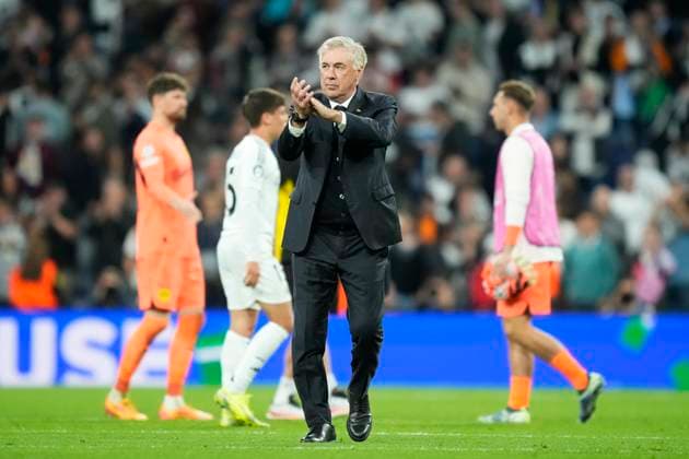 Real Madrid C.F. v Borussia Dortmund - UEFA Champions League 2024 25 League Phase MD3 Carlo Ancelotti head coach of Real Madrid celebrates victory after the UEFA Champions League 2024 25 League Phase MD3 match between Real Madrid C.F. and Borussia Dortmund at Estadio Santiago Bernabeu on October 22, 2024 in Madrid, Spain. Madrid Spain  Copyright: xJosexBretonx originalFilename:bretonhernandez-realmadr241022_npaXK.jpg