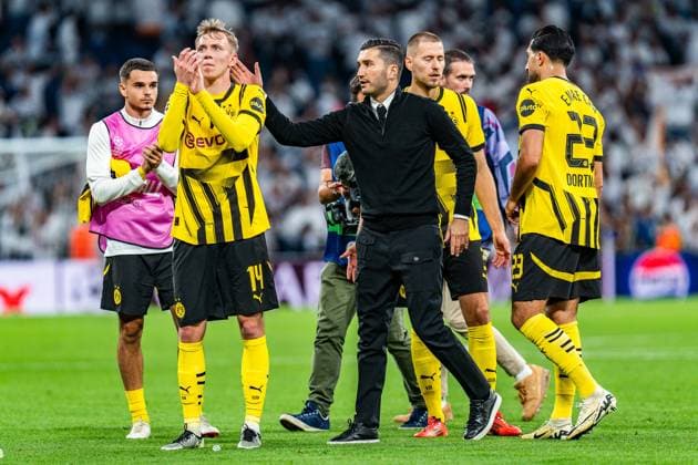 22.10.2024, Real Madrid vs. Borussia Dortmund, UEFA Champions League, 3. Spieltag Trauer und Enttäuschung bei Maximilian Beier (Borussia Dortmund, 14) Nuri Sahin (Borussia Dortmund, Trainer) Emre Can (Borussia Dortmund, 23) Nico Schlotterbeck (Borussia Dortmund, 4) Copyright: xBahhoxKarax