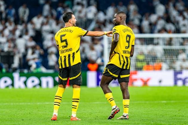 22.10.2024, Real Madrid vs. Borussia Dortmund, UEFA Champions League, 3. Spieltag Trauer und Enttäuschung bei Ramy Bensebaini (Borussia Dortmund, 5) Serhou Guirassy (Borussia Dortmund, 9) Copyright: xBahhoxKarax