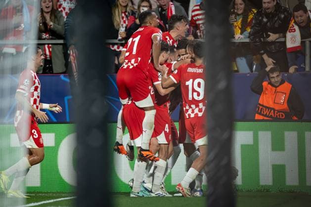 Juan Pedro Ramirez (Girona FC) celebrates after scoring his team s goal with team mates during a UEFA Champions League match between Girona FC and Slovan Bratislava at Estadi Municipal de Montilivi in Girona, Girona, Spain, on October 22 2024. Photo by Felipe Mondino Copyright: x@FELIPExMONDINOx