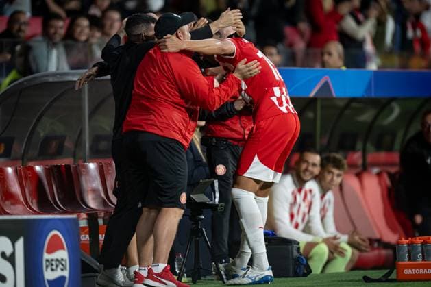 Juan Pedro Ramirez (Girona FC) celebrates during a UEFA Champions League match between Girona FC and Slovan Bratislava at Estadi Municipal de Montilivi in Girona, Girona, Spain, on October 22 2024. Photo by Felipe Mondino Copyright: x@FELIPExMONDINOx