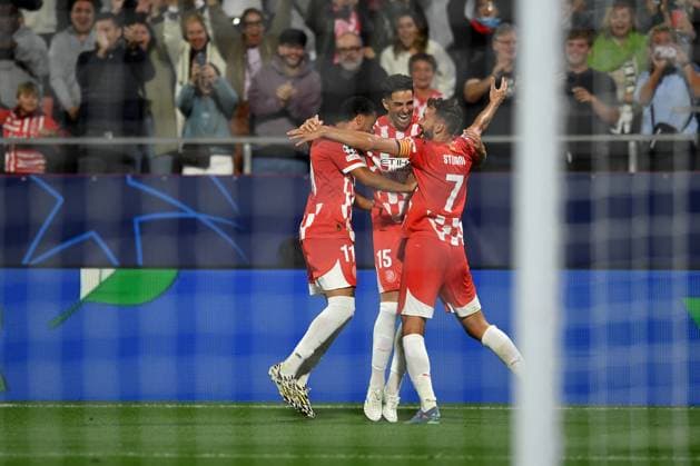 GIRONA FC vs SLOVAN BRATISLAVA Montilivi Municipal Stadium. Girona. Oct 22,2024 GIRONA FC-SLOVAN BRATISLAVA Oct 22,2024 Juanpe (15) of Girona FC celebrates scoring his team s second goal with teammates during the UEFA Champions League 2024 25 League Phase match between Girona FC and Slovan Bratislava at Montilivi Municipal Stadium in Girona, Spain. Girona ESP Copyright: xS.xRosx