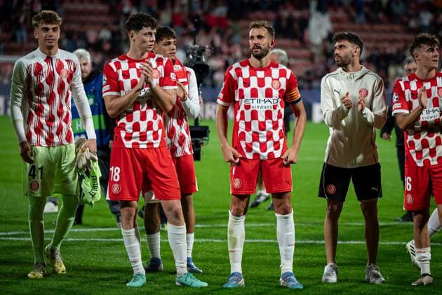 Ladislav Krejci (Girona FC) and Cristian Stuani (Girona FC) gestures during a UEFA Champions League match between Girona FC and Slovan Bratislava at Estadi Municipal de Montilivi in Girona, Girona, Spain, on October 22 2024. Photo by Felipe Mondino Copyright: x@FELIPExMONDINOx