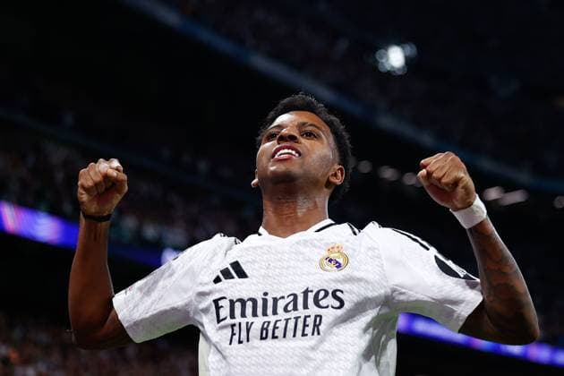 October 22, 2024, Madrid, Madrid, SPAIN: Rodrygo Goes of Real Madrid celebrates a goal of Lucas Vazquez of Real Madrid during the UEFA Champions League 2024 25 League Phase MD3 match between Real Madrid CF and Borussia Dortmund at Estadio Santiago Bernabeu on October 22, 2024, in Madrid, Spain. Madrid SPAIN - ZUMAa181 20241022_zaa_a181_257 Copyright: xDennisxAgyemanx