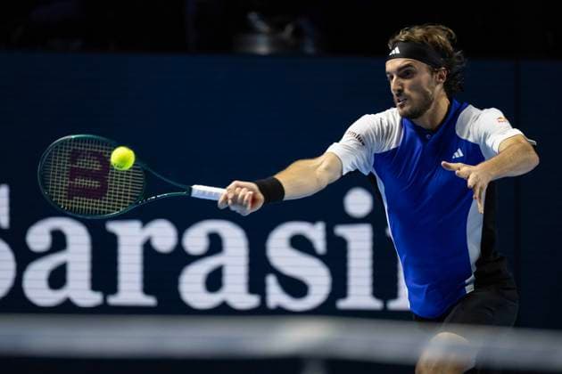 22nd October 2024; St. Jakobshalle, Basel, Switzerland; ATP, Tennis Herren 500 Swiss Indoors Basel Tennis, Day 2; Stefanos Tsitsipas (GRE) in action against Francisco Cerundolo (ARG) in the first round  ActionPlus12706340 DavidxEmm