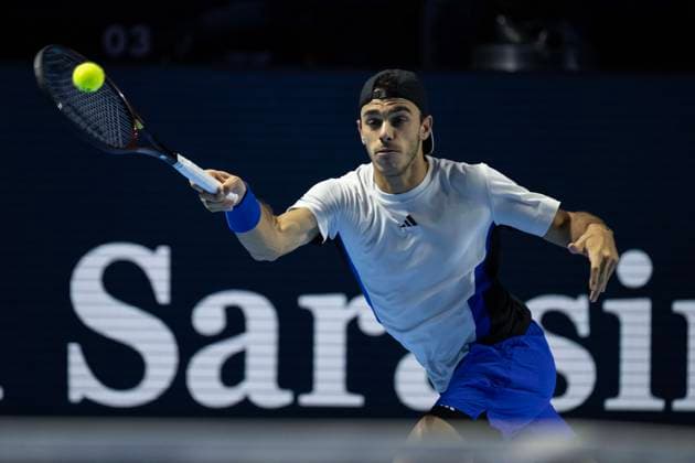 22nd October 2024; St. Jakobshalle, Basel, Switzerland; ATP, Tennis Herren 500 Swiss Indoors Basel Tennis, Day 2; Francisco Cerundolo (ARG) in action against Stefanos Tsitsipas (GRE) in the first round  ActionPlus12706344 DavidxEmm