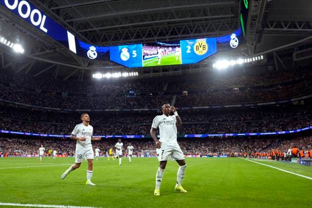 ESP: Real Madrid v Borussia Dortmund. UEFA Champions League. Date 3 Vinicius Junior of Real Madrid CF celebrates after scoring goal during the UEFA Champions League match between Real Madrid and Borussia Dortmund played at Santiago Bernabeu Stadium on October 22, 2024 in Madrid, Spain. kpng Copyright: xCesarxCebollax xPRESSINPHOTOx PS_241022_RMA_BOR_691