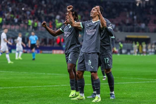(C) Tijjani Reijnders of AC Milan celebrates with his team mates after scoring a goal during UEFA Champions League 2024 25 League Phase - Matchday3 football match between AC Milan and Club Brugge KV at San Siro Stadium Milan Italy on 22 October 2024. Milan Stadio San Siro Milan Italy Copyright: xEPhotopressx SP24-1018-047