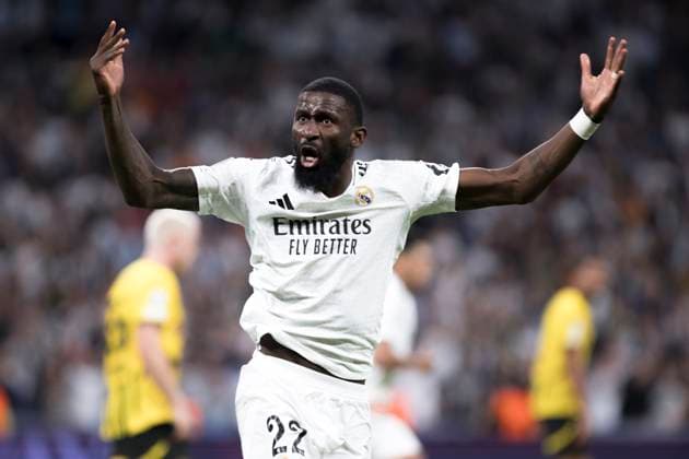 UEFA champions league - Real Madrid vs Borussia Dortmund MADRID, SPAIN - October 22: Antonio Rudiger of Real Madrid celebrates a goal during the UEFA champions league 2024 25 match between Real Madrid and Borussia Dortmund at Santiago Bernabeu Stadium. (Photo by Guillermo Martinez) Madrid Santiago BernabÃ u Stadium Spain Copyright: xGuillermoxMartinezx