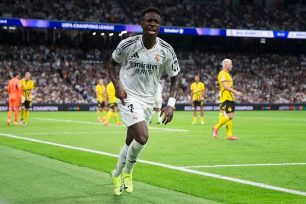 UEFA champions league - Real Madrid vs Borussia Dortmund MADRID, SPAIN - October 22: Vinicius jr of Real Madrid celebrates a goal during the UEFA champions league 2024 25 match between Real Madrid and Borussia Dortmund at Santiago Bernabeu Stadium. (Photo by Guillermo Martinez) Madrid Santiago BernabÃ u Stadium Spain Copyright: xGuillermoxMartinezx