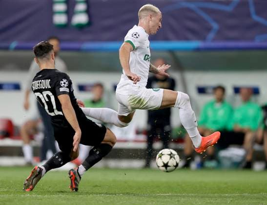 SOCCER - UEFA CL, Sturm vs Sporting KLAGENFURT,AUSTRIA,22.OCT.24 - SOCCER - UEFA Champions League, SK Sturm Graz vs Sporting CP. Image shows Dimitri Gazibegovic (Sturm) and Nuno Santos (Sporting Lissabon).  GEPAxpictures xHansxOberlaender