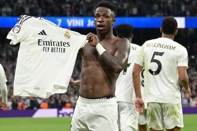 Madrid, Estadio Santiago Bernabeu, 22.10.24, GER, Herren, UEFA Champions League, Saison 2024-2025, Real Madrid - Borussia Dortmund Bild: VINICIUS JUNIOR (Real Madrid) jubelt nach seinem Tor zum 4:2 Only for editorial use! UEFA regulations prohibit any use of photographs as image sequences and or quasi-video. Spanien