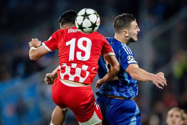 October 22, 2024, Barcelona, Spain: Kevin Wimmer (R)(Slovan Bratislava) and Bojan Miovski (L)(Girona FC) in action during a UEFA Champions League match between Girona FC and Slovan Bratislava at Estadi Municipal de Montilivi. Final Score: Girona FC 2;0 Slovan Bratislava Barcelona Spain - ZUMAs197 20241022_aaa_s197_402 Copyright: xFelipexMondinox
