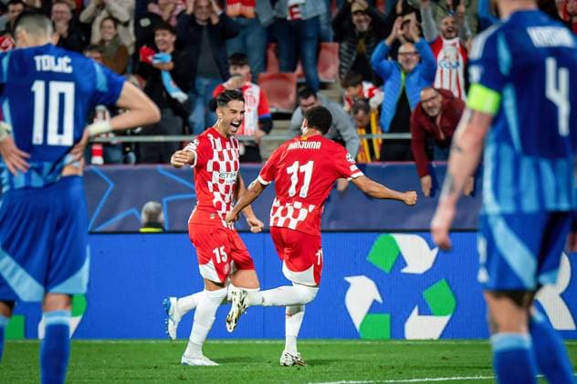 Girona FC Vs Slovan Bratislava in Barcelona, Spain - 22 Oct 2024 Juan Pedro Ramirez (L)(Girona FC) celebrates after scoring a goal with teammates during the UEFA Champions League match between Girona FC and Slovan Bratislava at Estadi Municipal de Montilivi. Final Score: Girona FC 2;0 Slovan Bratislava Barcelona Spain Copyright: xFelipexMondinox xSOPAxImagesx SP0479-0659