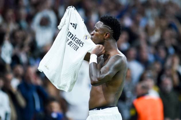 Sport Bilder des Tages (241023) -- MADRID, Oct. 23, 2024 -- Vinicius Junior of Real Madrid celebrates his goal during the third round match of UEFA Champions League between Real Madrid and Borussia Dortmund in Santiago Bernabeu stadium, Madrid, Spain, Oct. 22, 2024. (Photo by Xinhua) (SP)SPAIN-MADRID-FOOTBALL-UEFA CHAMPIONS LEAGUE-REAL MADRID VS DORTMUND GustavoxValiente 