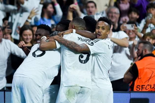(241023) -- MADRID, Oct. 23, 2024 -- Players of Real Madrid celebrate a goal during the third round match of UEFA Champions League between Real Madrid and Borussia Dortmund in Santiago Bernabeu stadium, Madrid, Spain, Oct. 22, 2024. (Photo by Xinhua) (SP)SPAIN-MADRID-FOOTBALL-UEFA CHAMPIONS LEAGUE-REAL MADRID VS DORTMUND GustavoxValiente 