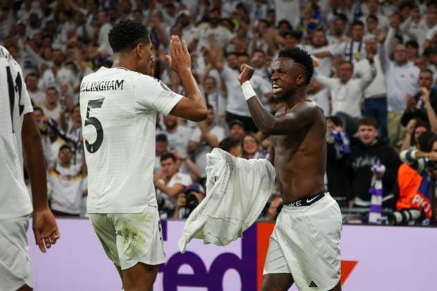 October 22, 2024, Madrid, Spain: A group of Real Madrid players celebrate a goal during a Champions League match. Real Madrid defeated Borussia Dortmund 5-2 tonight at the Santiago Bernabeu Stadium in the UEFA Champions League. Madrid Spain - ZUMAs197 20241022_aaa_s197_647 Copyright: xDavidxCanalesx