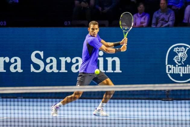 Felix Auger-Aliassime (CAN) , Tennis, Swiss Indoors ATP, Tennis Herren World Tour 500), 1 16 Finals Einzel, 2024, Felix Auger-Aliassime (CAN) vs. Sebastian Baez (ARG), 23.10.2024, St. Jakobshalle, Basel, Schweiz Basel St. Jakobshalle BS Schweiz Copyright: xGrantxHubbsx