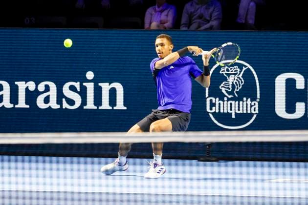 Felix Auger-Aliassime (CAN) , Tennis, Swiss Indoors ATP, Tennis Herren World Tour 500), 1 16 Finals Einzel, 2024, Felix Auger-Aliassime (CAN) vs. Sebastian Baez (ARG), 23.10.2024, St. Jakobshalle, Basel, Schweiz Basel St. Jakobshalle BS Schweiz Copyright: xGrantxHubbsx