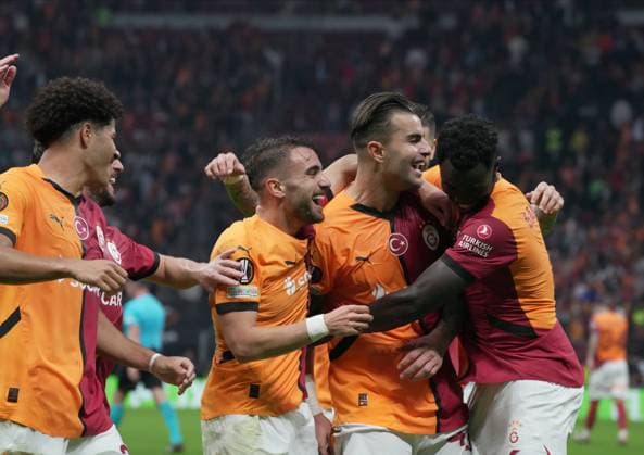 RECORD DATE NOT STATED Galatasaray s player Abdulkerim Bardakci celebrates his goal with teammates during Galatasaray - IF Elsborg UEFA Europe League match at Rams Stadium in Istanbul, Turkey, on 23 October 2024. (Depo Photos) 18485513