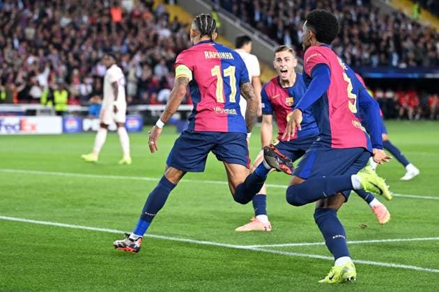 Barcelona, Estadi Olimpic Lluis Companys, 23.10.24, GER, Herren, UEFA Champions League, Saison 2024-2025, FC Barcelona, Barca - FC Bayern Muenchen Bild: RAPINHA (Barcelona) jubelt nach seinem Tor zum 1:0 Only for editorial use! UEFA regulations prohibit any use of photographs as image sequences and or quasi-video. Katalonien Spanien
