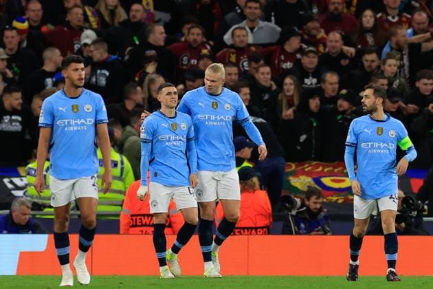 Manchester City v Sparta Prague Champions League 23 10 2024. Phil Foden (47) of Manchester City celebrates scoring with Erling Haaland (9) of Manchester City to make it 1-0 during the Champions League match between Manchester City and Sparta Prague at the Etihad Stadium, Manchester, England on 23 October 2024. Manchester Etihad Stadium Manchester England Editorial use only , Copyright: xConorxMolloyx PSI-20645-0030