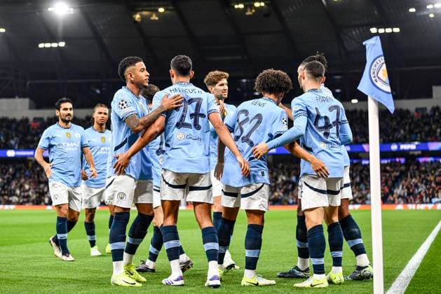 23rd October 2024; Etihad Stadium, Manchester, England; UEFA Champions League Football, Manchester City versus Sparta Prague; Manchester City players celebrate Phil Foden scoring in the 3rd minute for 1-0  ActionPlus12706617 GodfreyxPitt