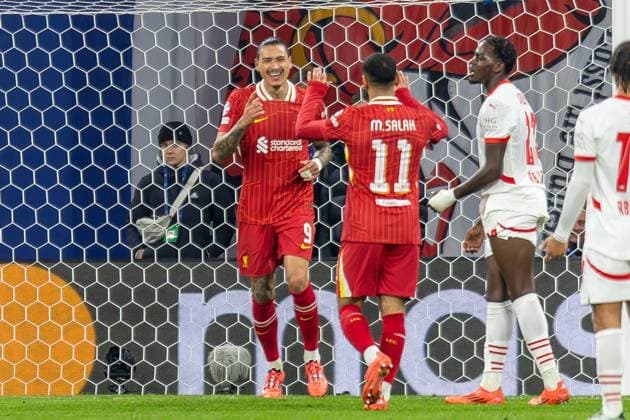 Leipzig v Liverpool Champions League 23 10 2024. GOAL 0-1 Liverpool forward Darwin Nunez (9) scores and celebrates during the Champions League match between Leipzig and Liverpool at Leipzig Stadium, Leipzig, Germany on 23 October 2024. Editorial use only , Copyright: xIanxStephenx PSI-20646-0011