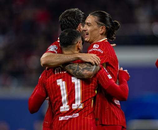 Football - UEFA Champions League - League Phase - RB Leipzig v Liverpool FC LEIPZIG, GERMANY - Wednesday, October 23, 2024: Liverpool s Mohamed Salah (L) celebrates after scoring the opening goal with team-mate Darwin Nunez during the UEFA Champions League Match Day 3 game between RB Leipzig and Liverpool FC at the Red Bull Arena. (Photo by David Rawcliffe Propaganda) LEIPZIG Red Bull Arena SAXONY GERMANY  Copyright: xDavidxRawcliffex P2024-10-23-Leipzig_Liverpool-17