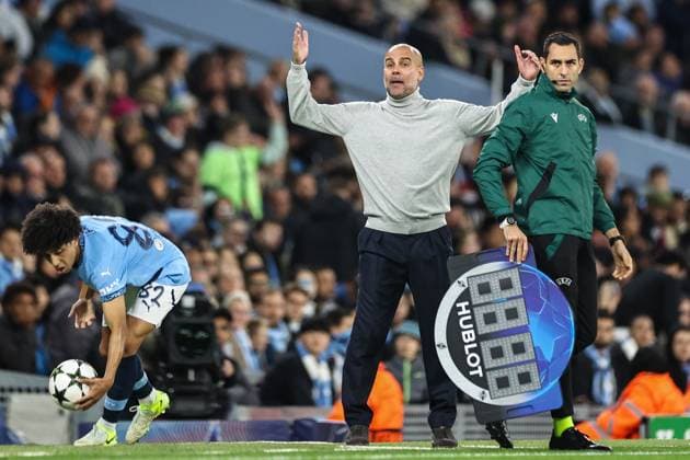 UEFA Champions League, League Stage Manchester City v Sparta Prague Pep Guardiola manager of Manchester City reacts during the UEFA Champions League, League Stage Manchester City v Sparta Prague at Etihad Stadium, Manchester, United Kingdom, 23rd October 2024 (Photo by Mark Cosgrove News Images) Manchester Etihad Stadium Manchester United, ManU Kingdom Copyright: xMarkxCosgrove NewsxImagesx