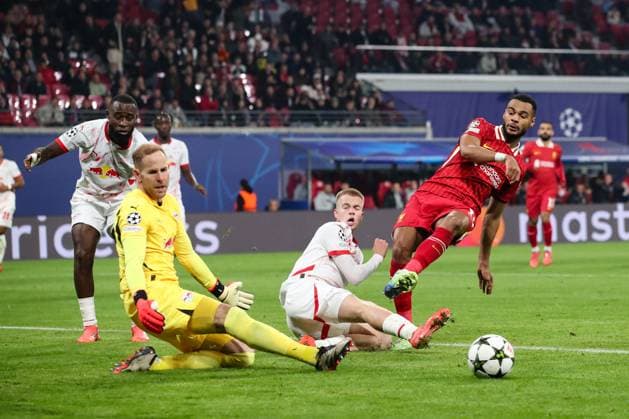 Sport Bilder des Tages Torwart Peter Gulacsi (RB Leipzig,1) und Arthur Vermeeren (RB Leipzig,18) gegen Cody Galpko (FC Liverpool,18)- Champions League Ligaphase Saison 2024-2025 RB Leipzig vs. FC Liverpool in der Red Bull Arena in Leipzig - Aktion,Fussball,Deutschland,Mann,Männer,23.10.2024