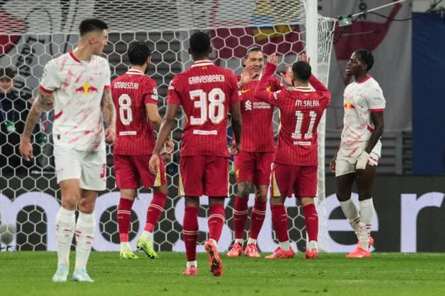 Torjubel - Torschütze Darwin Nunez (FC Liverpool,9) trifft zum 0-1 - Champions League Ligaphase Saison 2024-2025 RB Leipzig vs. FC Liverpool in der Red Bull Arena in Leipzig - Aktion,Fussball,Deutschland,Mann,Männer,23.10.2024