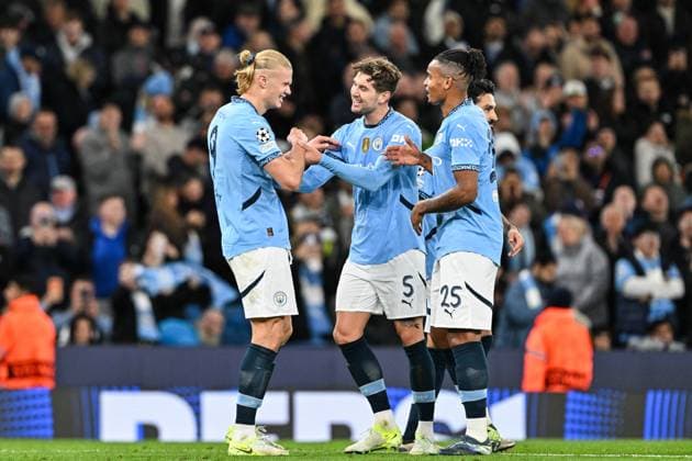 UEFA Champions League, League Stage Manchester City v Sparta Prague Erling Haaland of Manchester City celebrates his goal to make it 4-0 during the UEFA Champions League, League Stage Manchester City v Sparta Prague at Etihad Stadium, Manchester, United Kingdom, 23rd October 2024 (Photo by Cody Froggatt News Images) Manchester Etihad Stadium Manchester United, ManU Kingdom Copyright: xCodyxFroggatt NewsxImagesx