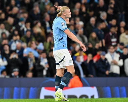 UEFA Champions League, League Stage Manchester City v Sparta Prague Erling Haaland of Manchester City celebrates his goal to make it 4-0 during the UEFA Champions League, League Stage Manchester City v Sparta Prague at Etihad Stadium, Manchester, United Kingdom, 23rd October 2024 (Photo by Cody Froggatt News Images) Manchester Etihad Stadium Manchester United, ManU Kingdom Copyright: xCodyxFroggatt NewsxImagesx