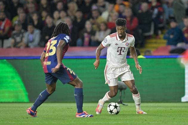 Jules Kounde 23 FC Barcelona, Barca , Kingsley Coman 11 (FC Bayern Muenchen), FC Barcelona vs. FC Bayern Muenchen, Champions League, Fussball, 3. Spieltag, 23.10.2024 Barcelona Katalonien Spanien