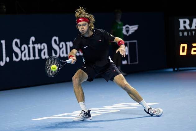 23rd October 2024; St. Jakobshalle, Basel, Switzerland; ATP, Tennis Herren 500 Swiss Indoors Basel Tennis, Day 3; Andrey Rublev (RUS) in action against Alejandro Tabilo (CHI) in the second round  ActionPlus12706708 DavidxEmm