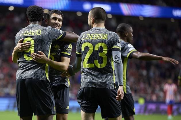 Jonathan David of Lille OSC celebrates with his team mates after scoring his team s third goal during the UEFA Champions League match between Atletico de Madrid v LSCO Lille at Riyadh Air Metropolitano Stadium on October 23, 2024 in Madrid (Photo by: LGM) FOOTBALL : Atletico de Madrid vs LSCO Lille - UEFA Ligue des Champions - 23 10 2024 LGM Panoramic 