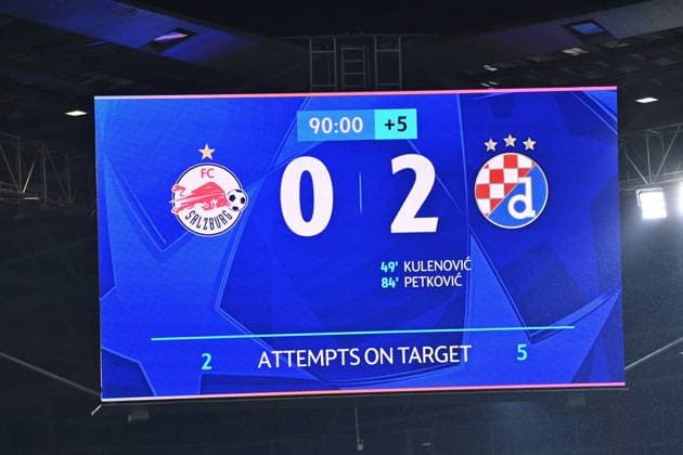 Salzburg, Austria, 231024. Red Bull Arena. The display with the scor at the end of the football match of the 3rd round of the Champions League, RB Salzburg - GNK Dinamo. Photo: Ronald Gorsic CROPIX Copyright: xxRonaldxGorsicx xCROPIXx salzburg_dinamo66-231024