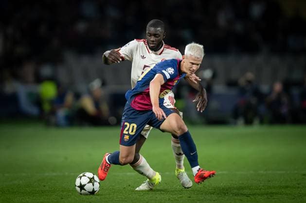 Dayot Upamecano (FC Bayern Munich) and Dani Olmo FC Barcelona, Barca battle for the ball during a UEFA Champions League match between FC Barcelona and Bayern Munich at Estadi Olimpic Lluís Companys in Barcelona, Barcelona, Spain, on October 23 2024. Photo by Felipe Mondino Panoramic FOOTBALL : FC Barcelone Vs FC Bayern Munich - Ligue des Champions - 23 10 2024 FelipeMondino Panoramic 