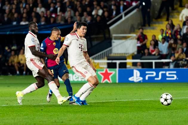 23.10.2024, xslx, Fussball UEFA Champions League, FC Barcelona, Barca - FC Bayern München emspor, v.l. Raphina (FC Barcelona), Minjae Kim (FC Bayern Muenchen) (DFL DFB REGULATIONS PROHIBIT ANY USE OF PHOTOGRAPHS as IMAGE SEQUENCES and or QUASI-VIDEO) Barcelona